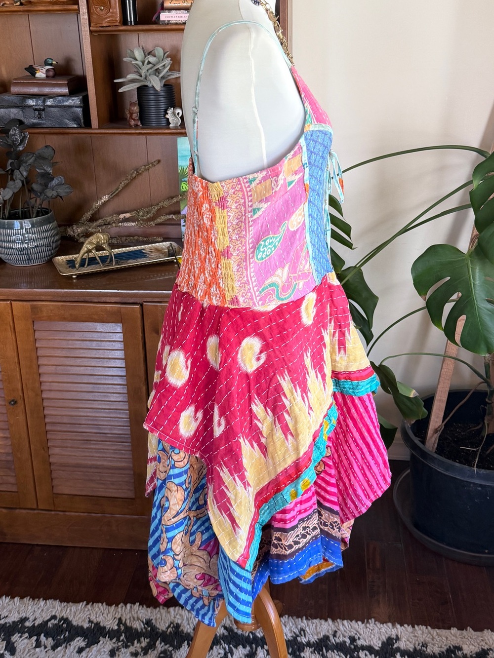 Wevez Kantha Bohemian Patchwork Pixie Skirt Corset Sundress Pink Multi OS - Picture 7 of 14